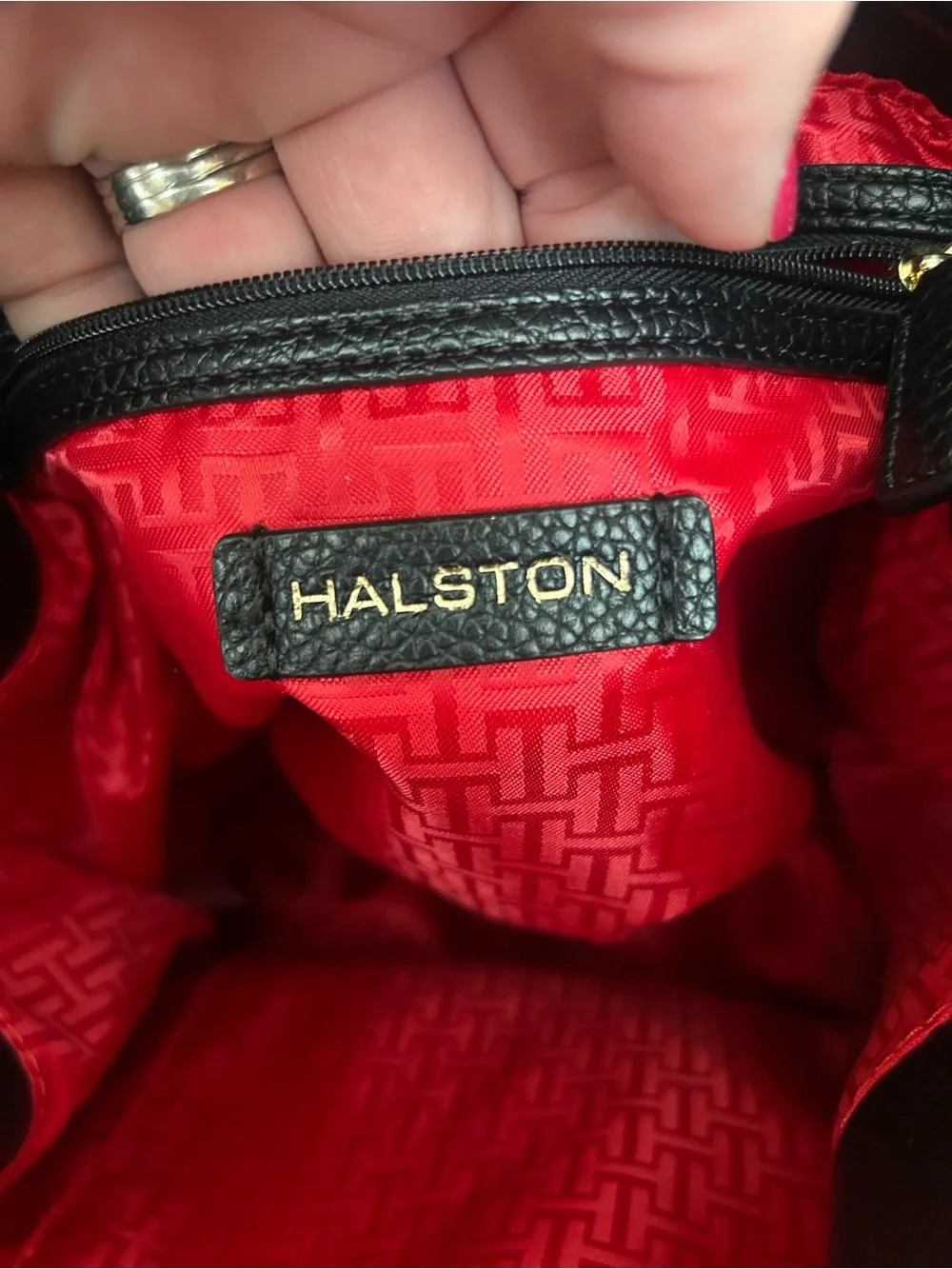 Halston Black Pebbled Leather Drawstring Backpack with Gold Accents